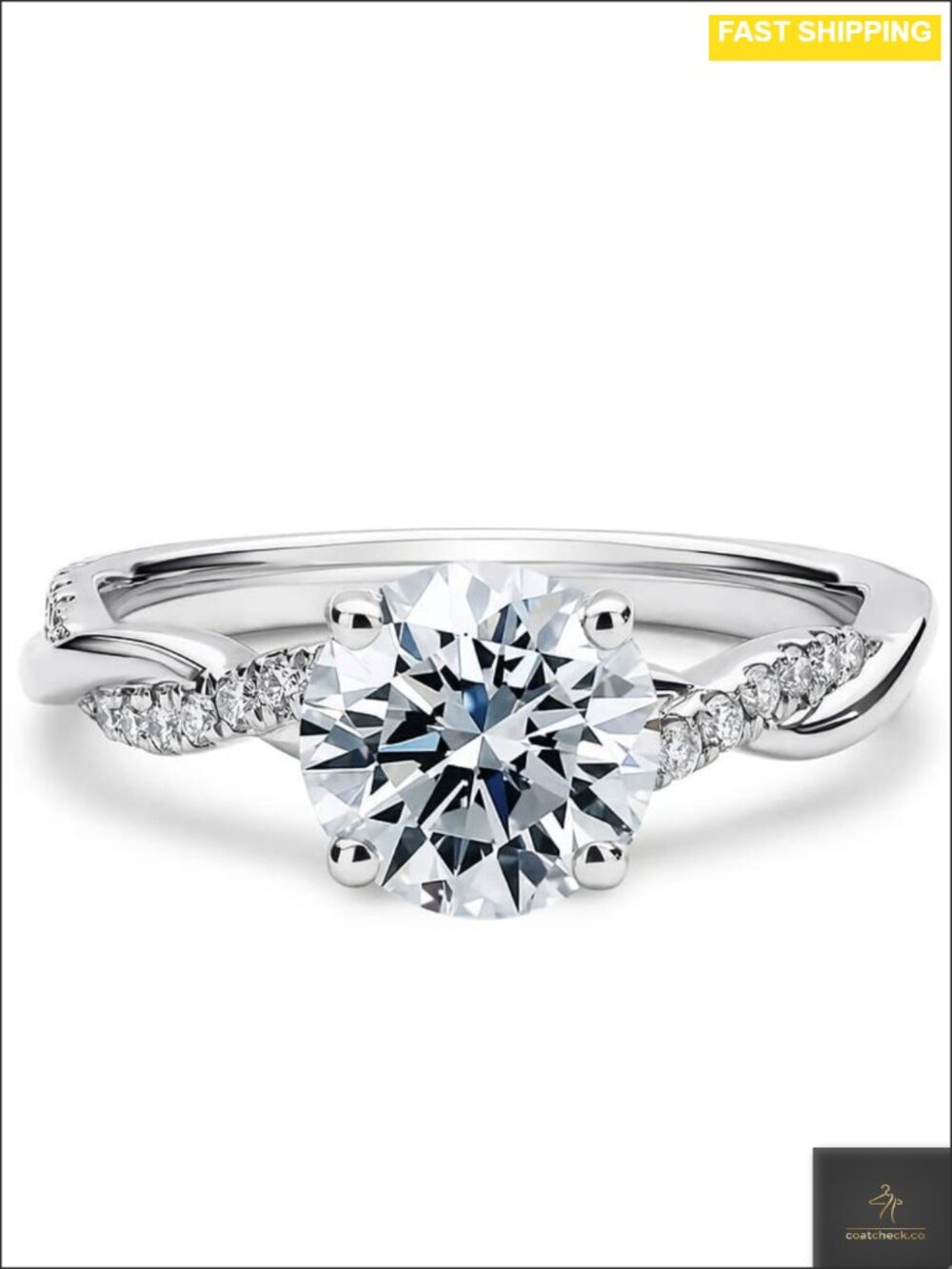 Round Cut Moissanite Engagement Ring Platinum Plated Silver Wedding